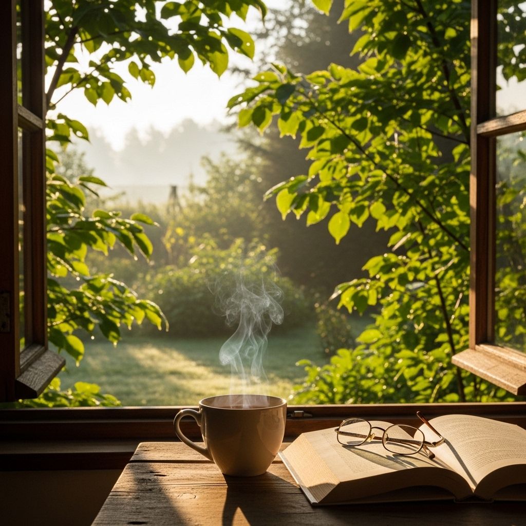 Serene morning scene with a cup of herbal tea on a wooden table beside an open window overlooking a garden with sunlight filtering through green leaves