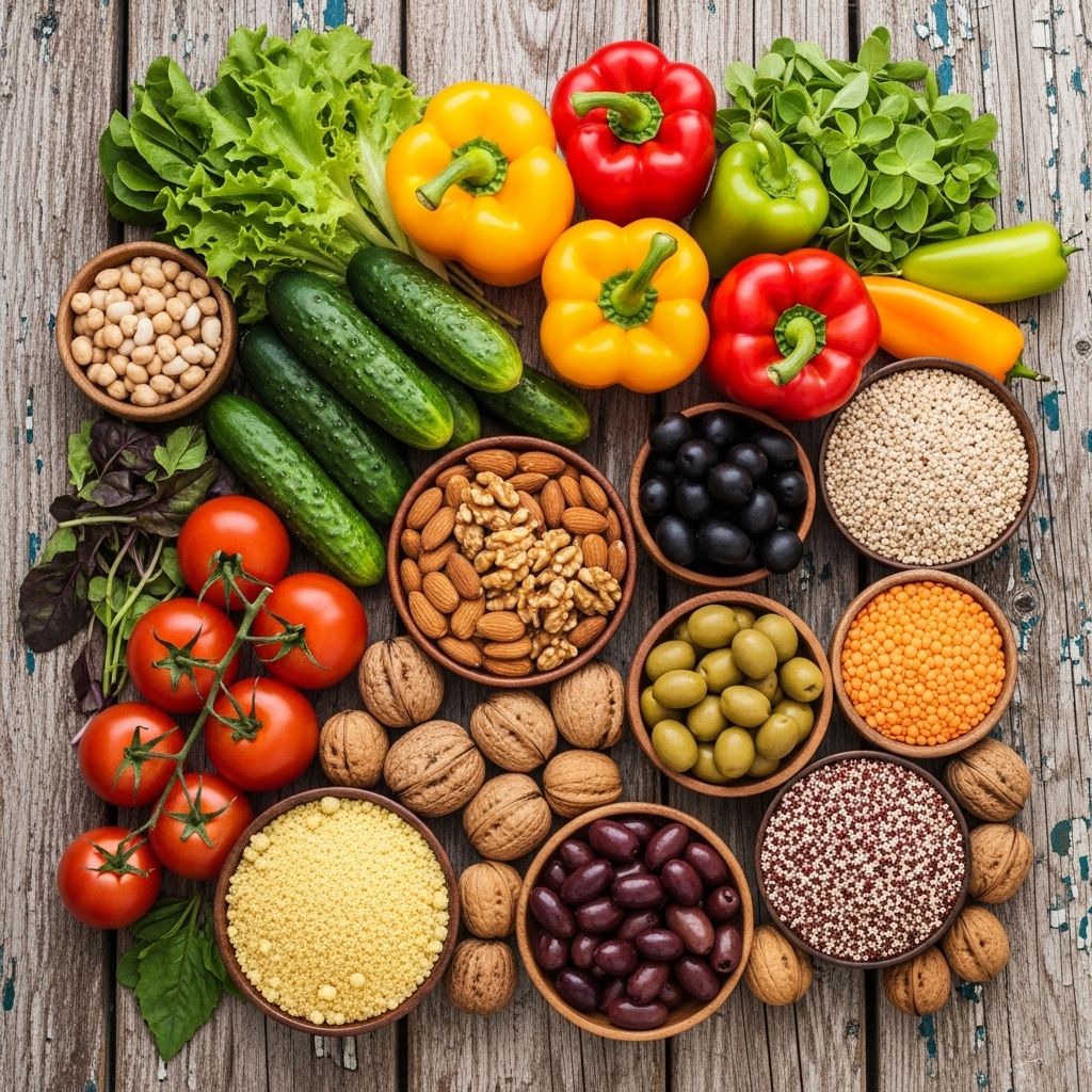 Vibrant overhead view of a colorful Mediterranean spread with fresh vegetables, nuts, olives, legumes, and whole grains arranged on a rustic wooden table