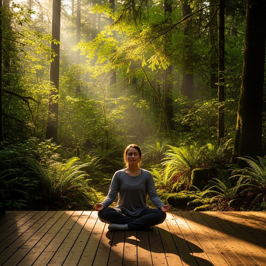 Person seated in a meditation posture on a wooden deck surrounded by lush forest greenery, morning sunlight filtering through the canopy