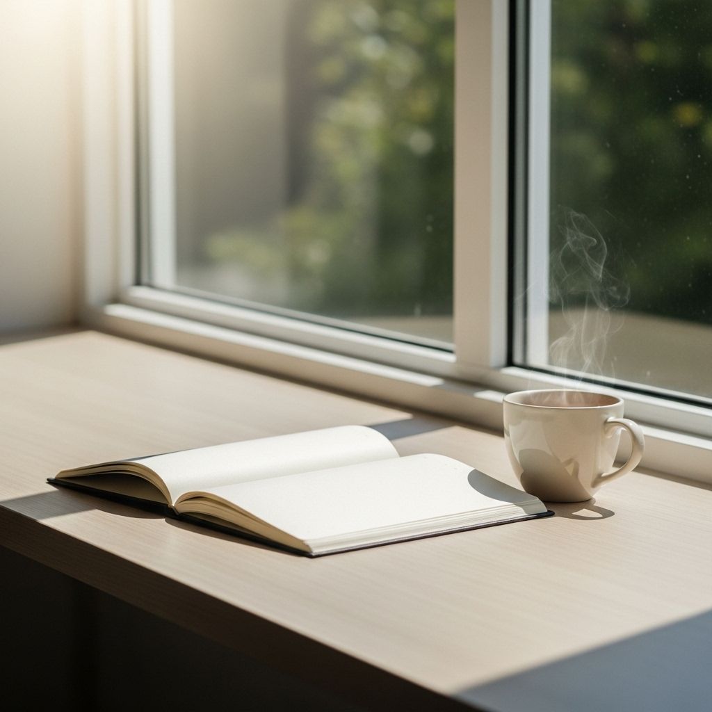 Clean minimalist study environment with an open notebook, a cup of tea, and natural light streaming through a large window onto a wooden desk